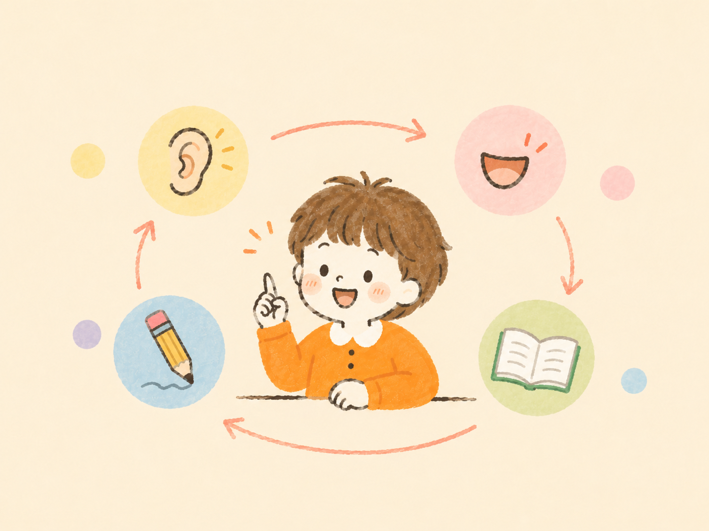 聞く・話す・読む・書くの学びのサイクルのイラスト