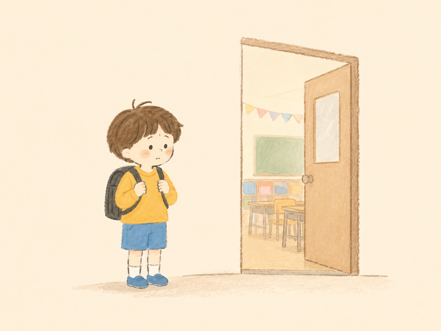 教室のドアの前で躊躇する子どものイラスト